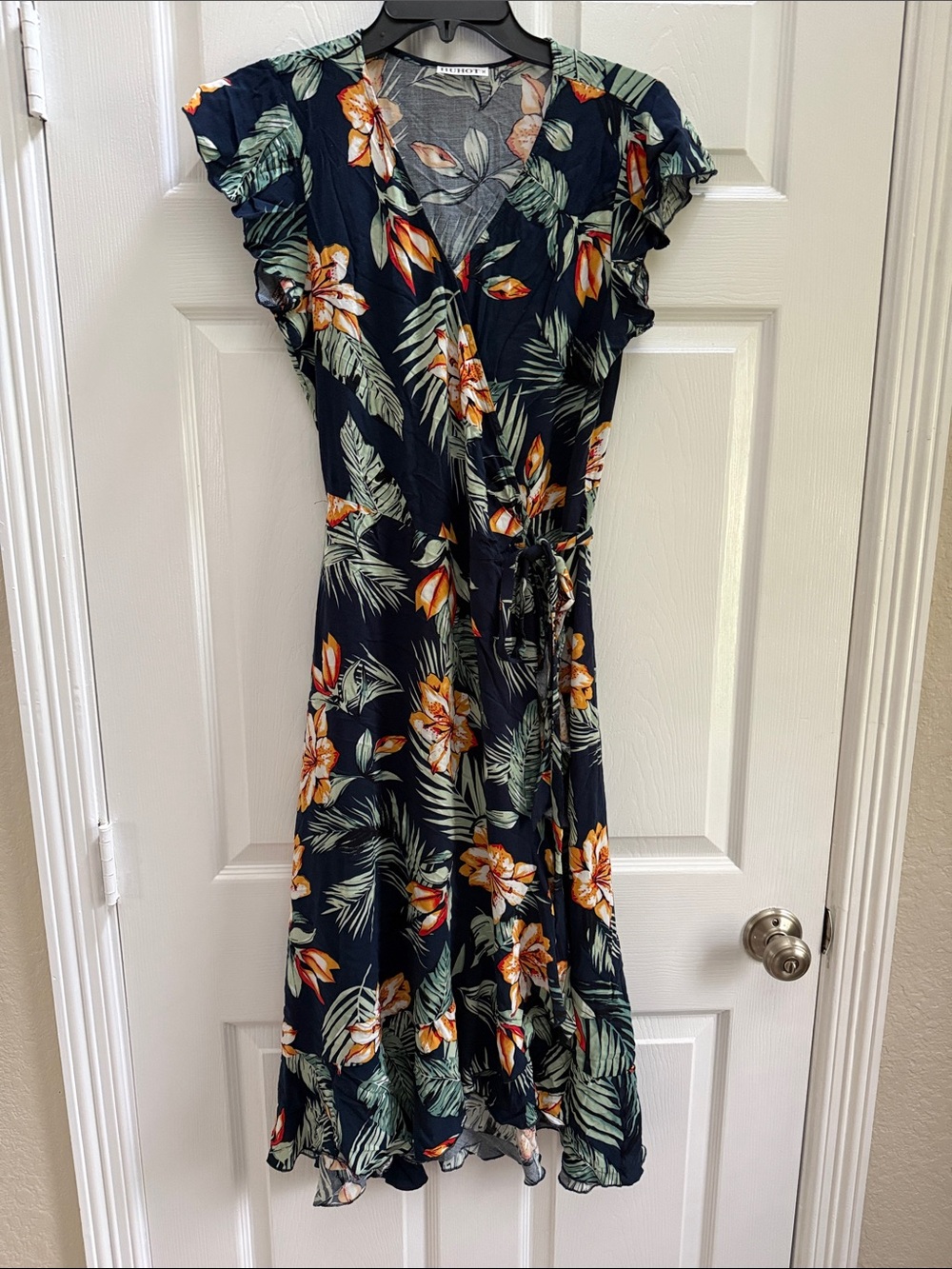 Floral Wrap Midi Dress - Navy with Orange Bloom Size M Caribbean